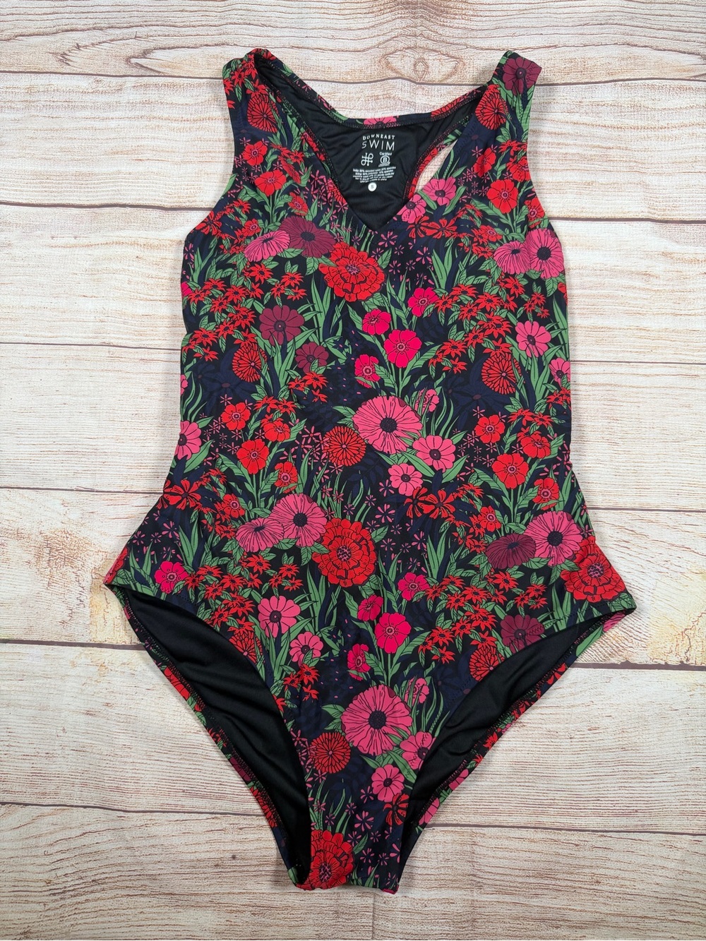DownEast Women's Floral One-Piece Swimsuit - Black with Red & Pink Flowers